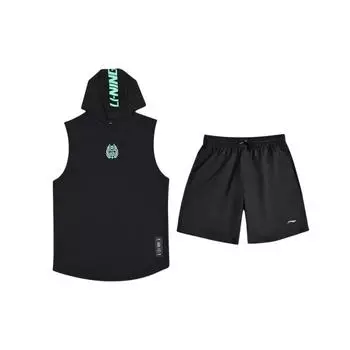 Li-Ning Sweat-Absorbing Comfortable Sleeveless Hoodie Simple Fashion Design Shorts Casual Sports Suit Unisex suit Black YVSU037-2+LSKV409-1 L