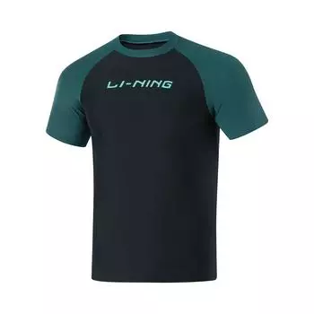Li Ning Swimming Series Color Block Letter Round Neck Pullover Sports Long Sleeve Swimsuit Men swimsuit Balsam-Green Black ASLT093-2 S