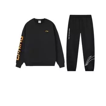 Li-Ning Свитшот с принтом букв, свободный, с круглым вырезом, с длинными рукавами, повседневный спортивный костюм, унисекс свитшот, брюки Черный AKLTD71-1+AWDRF44-1 M