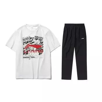 Li-Ning Свободная футболка с коротким рукавом и принтом из мультяшного хлопка и прямые тонкие повседневные брюки, спортивный комплект для мужчин, белый, черный, AHSR401-1+AYKT413-1 XXL