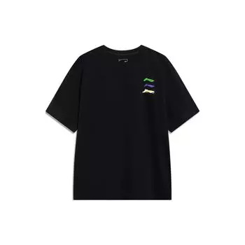 Li-Ning Свободная футболка с короткими рукавами и круглым вырезом, принтом логотипа и топами унисекс с заниженными плечами, черный AHST787-4 L