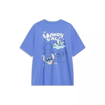Li-Ning Свободная футболка с короткими рукавами и заниженными плечами X Disney Stitch, топы унисекс с мультяшным принтом, голубой AHST493-4 XL