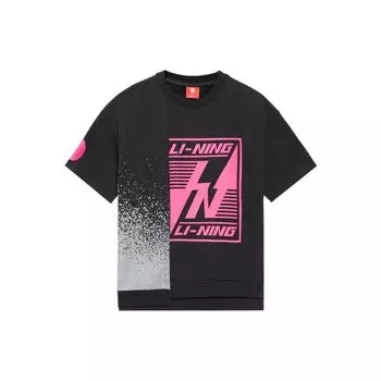 Li-Ning Свободная футболка с круглым вырезом и геометрическим буквенным принтом, мужские топы, черный AAES011-2 M