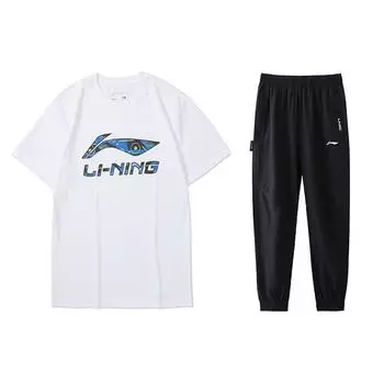 Li-Ning Свободный дышащий свитер с круглым вырезом и логотипом, футболка с коротким рукавом, однотонный повседневный спортивный костюм с манжетами, мужские топы AHSSE01-1+AYKS785-1 L