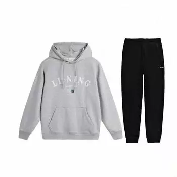 Li-Ning Свободный худи с принтом букв и удобные флисовые длинные брюки, повседневный спортивный костюм, унисекс, худи и брюки AWDU673-1+AKLSC99-1