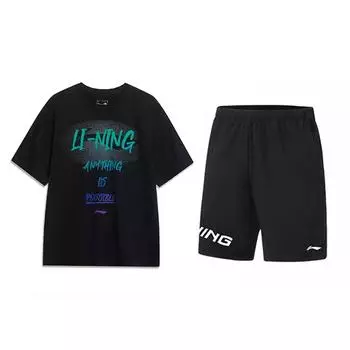 Li-Ning Свободный и удобный костюм в стиле колледжа с коротким рукавом и эластичными бриджами, повседневный спортивный костюм унисекс, черный AHSU803-2+YKSV113-1 L