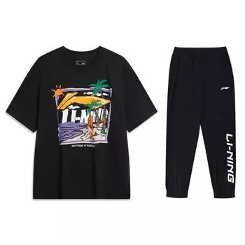 Li-Ning Свободный крой, дышащий, с коротким рукавом, с буквенным принтом, быстросохнущий, с манжетами, длинные брюки, спортивный костюм, мужские костюмы, черный цвет AHSU713-1+YYKU181-1 S