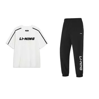 Li Ning свободный крой круглый вырез короткий рукав топ и эластичные быстросохнущие длинные брюки повседневный спортивный комплект унисекс комплекты YHSU175-1+YYKU111-1 3XL