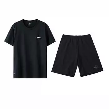 Li-Ning Свободный крой Однотонный Логотип Круглый вырез Со спущенным плечом Пуловер Короткий рукав Средняя посадка Эластичные шорты Повседневный Спортивный костюм ATST641-1+AKST453-1 M