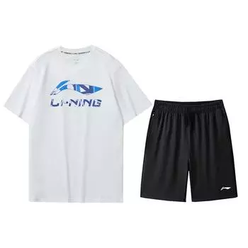 Li Ning свободный крой пуловер с буквенным принтом короткий рукав футболка быстросохнущие шорты комплект мужской спортивной одежды AHSU975-2+AAPU225-1 XL