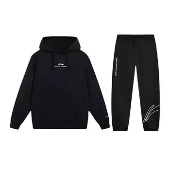 Li Ning свободный крой пуловер с капюшоном и трикотажные штаны повседневный спортивный комплект унисекс активная одежда черный AWDUC41-1+AKLTD71-1 M