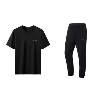 Li Ning свободный крой с круглым вырезом, прохладный, с коротким рукавом, однотонный, быстросохнущий, эластичный, длинные брюки, повседневный спортивный костюм, унисекс, черный ATSU819-1+AYKU835-1 L