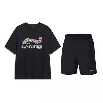 Li Ning Свободный Удобный Универсальный Топ с Коротким Рукавом Модный Простой Шорты Пятиточки Повседневный Спортивный Костюм Комплекты Унисекс Черный AHSU745-1+YKST119-1 L