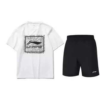 Li Ning Свободный Универсальный Топ с коротким рукавом и надписью, с круглым вырезом, простой, со средней посадкой, шорты до колена, повседневный спортивный костюм, унисекс, комплекты AHSUA15-1+YKST119-1 L