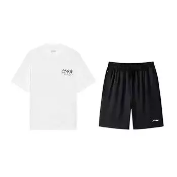 Li Ning Тактическая футболка с принтом букв, с круглым вырезом, с коротким рукавом, повседневная, универсальная, свободные шорты, спортивный комплект, унисекс, комплекты YHSV281-1+AKSV843-1 L