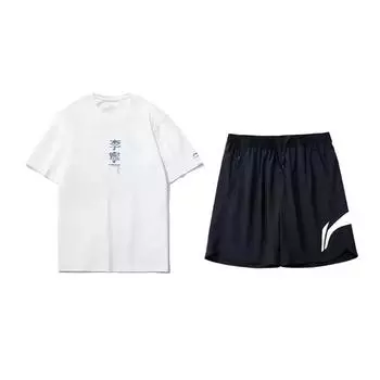 Li Ning Тематический Цветочный Принт Модный Универсальный Удобный Пуловер с Круглым Вырезом и Короткими Рукавами Повседневный Спортивный Комплект Унисекс Топы AHSU971-2+YKSV197-2 L