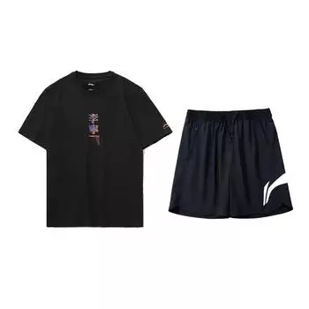 Li Ning Тематический принт Модный Дышащий Пуловер с круглым вырезом Футболка с коротким рукавом Повседневный Спортивный Комплект Унисекс Топы AHSU971-1+YKSV197-2 L
