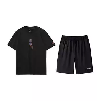 Li Ning Тематический принт Модный Универсальный Удобный Круглый вырез Простой Дышащий Повседневный Спортивный костюм Унисекс Спортивный костюм AHSU971-1+AKSV843-1 L