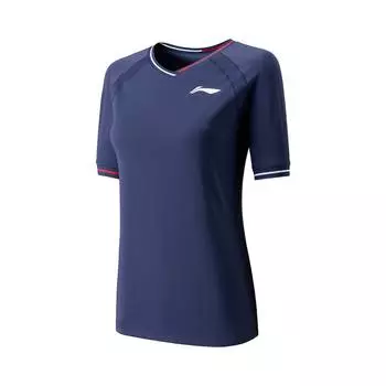 Li Ning Теннисная серия Спортивная повседневная простая футболка-пуловер с коротким рукавом Женские топы темно-синий AAYV138-2 S