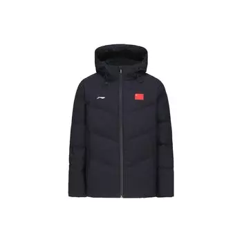 Li-Ning Теплая мужская куртка-пуховик с капюшоном и принтом национальной сборной, черная AYMU017-1 5XL