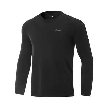 Li-Ning Удобная дышащая однотонная футболка с круглым вырезом, облегающего кроя, с длинным рукавом, мужские топы, черная ATLV047-1 M