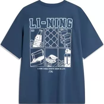Li Ning Удобная футболка с круглым вырезом и коротким рукавом с принтом, мужские топы, темно-синего цвета AHSU549-5 M