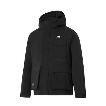 Li-Ning Удобная повседневная куртка с капюшоном для улицы, зимняя, устойчивая, короткая, мужская, куртки, черная, AYMU363-2 3XL