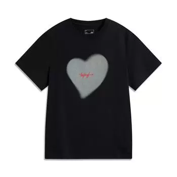 Li-Ning Удобная Повседневная Простая Футболка-Пуловер с Круглым Вырезом, Принтом Сердца и Букв, Свободная Дышащая Футболка с Коротким Рукавом, Женские Футболки Черная AHSV260-2 S