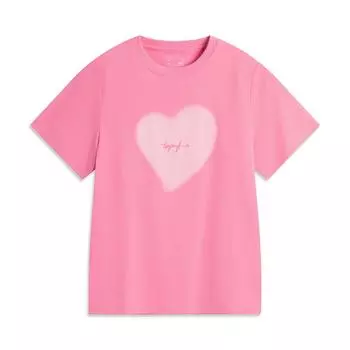 Li-Ning Удобная Повседневная Простая Толстовка с Круглым Вырезом, Принт Сердца и Букв, Свободная Дышащая Футболка с Коротким Рукавом, Женские Футболки AHSV260-4 S