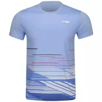 Li Ning Удобная Повседневная Простая Толстовка с Круглым Вырезом и Коротким Рукавом Рубашка для Бадминтона Унисекс Топы Цветочный-Синий AAYV049-3 M