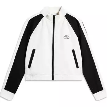 Li Ning Удобный повседневный кардиган с воротником-стойкой, цветной блок, приталенный, женский свитшот, молочно-белый, черный AWDU456-1 M