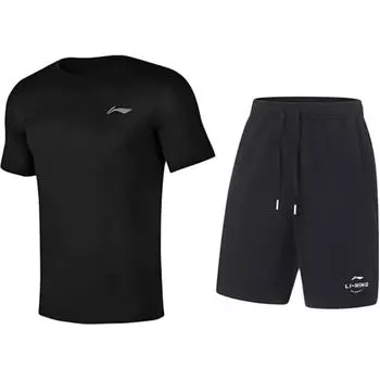 Li-Ning Удобный Простой Дышащий Универсальный Пуловер с Круглым Вырезом, Короткий Рукав, Завязка на Талии, Брюки длиной до колена, Повседневный Спортивный Костюм YTSU145-2+AKST543-3 S