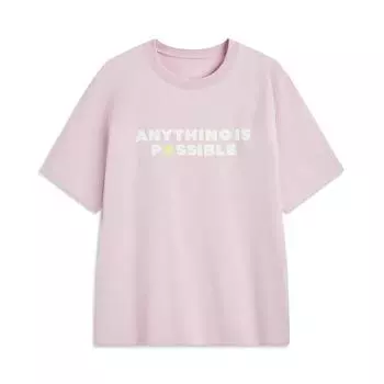 Li Ning Удобный пуловер с круглым вырезом Простой принт с буквами Свободный Универсальный Дышащая футболка с коротким рукавом Мужские топы Молочно-розовый AHSV151-6 XL