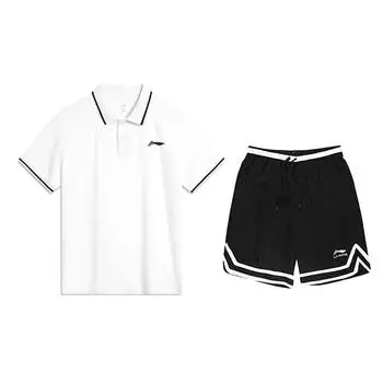 Li Ning Удобный Универсальный Комплект с Коротким Рукавом Модный Однотонный Шорты Повседневный Спортивный Костюм Унисекс Спортивная Одежда YPLV047-1+YAPV001-1 M