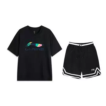 Li Ning Универсальный спортивный костюм с принтом букв, с круглым вырезом и короткими рукавами, унисекс, черный AHSVD61-2+YAPV001-1 M