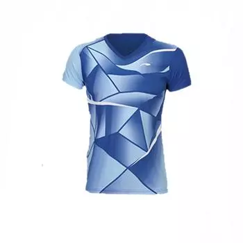 Li-Ning V-Neck All-Over Print Breathable Straight-Cut Short Sleeve T-Shirt Women Tops Blue AAYS068-4 S