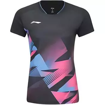 Li-Ning V-Neck Quick-Dry Breathable Short Sleeve T-Shirt Women Tops Black AAYU234-1 M