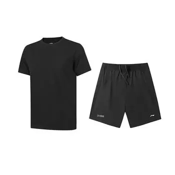 Li-Ning Versatile Solid Color Comfortable Short Sleeve Letter Five-Point Mid-Waist Shorts Casual Sports Set Unisex sets AHSUA49-2+AKSV631-1 L