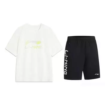 Li-Ning Versatile Solid Color Round Neck Short Sleeve T-Shirt Comfortable Logo Print Five-Point Shorts Casual Sports Suit AHSV161-1+YKSV115-1 L