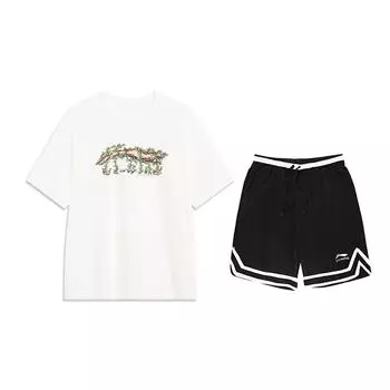 Li-Ning Vine Logo Printed Round Neck Short Sleeve Casual Sports Set Unisex sets Off-White Black AHSU973-1+YAPV001-1 XL