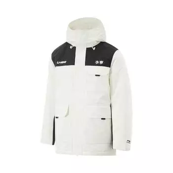 Li-Ning Водонепроницаемая куртка-пуховик Hot Pot Down Series с капюшоном и молнией с буквенным принтом, универсальная, морозостойкая, средней длины, мужская верхняя одежда AYMU227-4 S