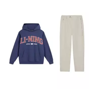 Li Ning Вышивка Буквами Повседневный Худи Пуловер Топ с Длинным Рукавом И Повседневные Брюки Прямого Покроя Комплект Толстовки Унисекс AKXS143-1+1_20241108140704 S