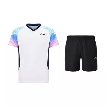 Li-Ning Высококачественный Динамичный Полосатый Легкий Дышащий Топ с V-образным вырезом Удобные Шорты прямого кроя на кулиске Повседневный Спортивный Комплект AAYV199-1+AKSU789-3 S