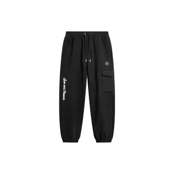 Li Ning Wade Christmas Series Letter Print Флисовые свободные теплые трикотажные спортивные брюки с манжетами Мужские штаны черного цвета AKLU603-1 L