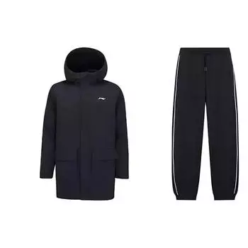 Li Ning ветрозащитная теплая хлопковая куртка с длинным рукавом и принтом, удобные брюки на шнурке, повседневный спортивный костюм, мужской костюм, черный AFDSB87-2+AKLUB05-1 S