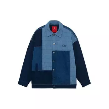 Li Ning Wu Chuang Wu Yi однобортный свободный пиджак из хлопка с цветными блоками, мужская куртка синего цвета AJDR427-1 S