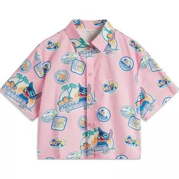 Li Ning X Disney Collaboration Stitch Series Удобная повседневная рубашка с мультяшным принтом Простая свободная рубашка с коротким рукавом Женские рубашки Розового цвета ASHU244-4 M