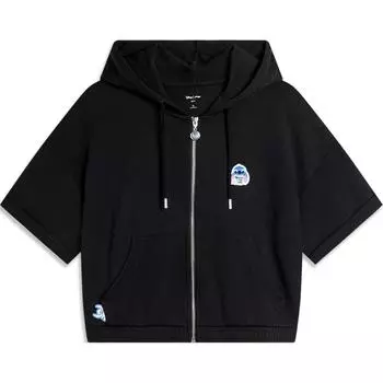 Li Ning X Disney Collaboration Stitch Series Letter Zipper Hooded Comfortable Airful Short Sleeve Hoody Women sweatshirt Black AWDU460-4 S