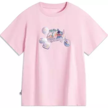 Li Ning X Disney Collaboration Stitch Series Cartoon Round Neck Удобная дышащая свободная футболка с коротким рукавом Женская футболка розового цвета ATSU170-3 M