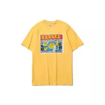 Li-Ning X Disney Mickey X Keith Haring Спортивная футболка с круглым вырезом и принтом, мужские топы, светло-охровые AHSR499-4 M